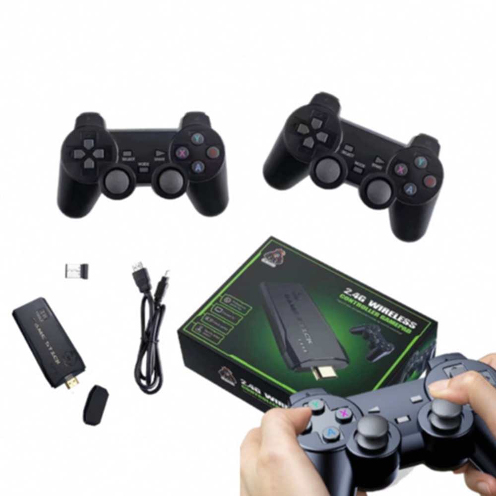 Consola de jocuri retro wireless, 2 controlere negre, receptor HDMI 4K, 20000+ jocuri preinstalate, 9 emulatoare clasice, set pentru TV