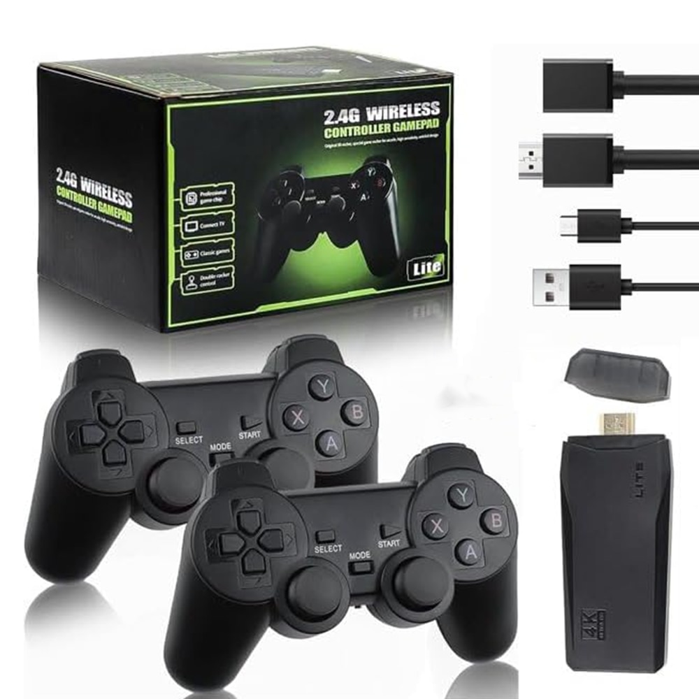 Consola de jocuri retro wireless, 2 controlere negre, receptor HDMI 4K, 20000+ jocuri preinstalate, 9 emulatoare clasice, set pentru TV