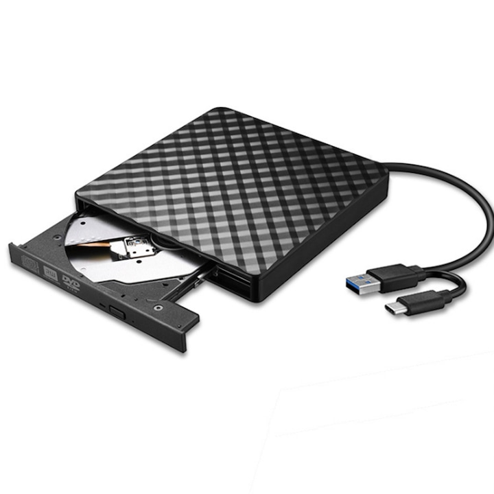 Unitate CD/DVD externa, inscriptionare DVD externa, USB 3.0/Type-c, plug and play, design ultra-subtire si portabil, compatibil cu laptopuri, PC-uri, desktop-uri, sisteme de operare Windows 10/8/7 si Linux, ABS, negru