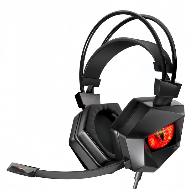 THS300 vezeték nélküli gamer fejhallgató, 7.1-es térhangzással, kettős hangszínszabályzóval (Dual EQ), zajszűrős mikrofonnal, USB-A csatlakozóval, 40 mm-es hangszórókkal, RGB világítással, dinamikus "Démon Szem" dizájn, fekete