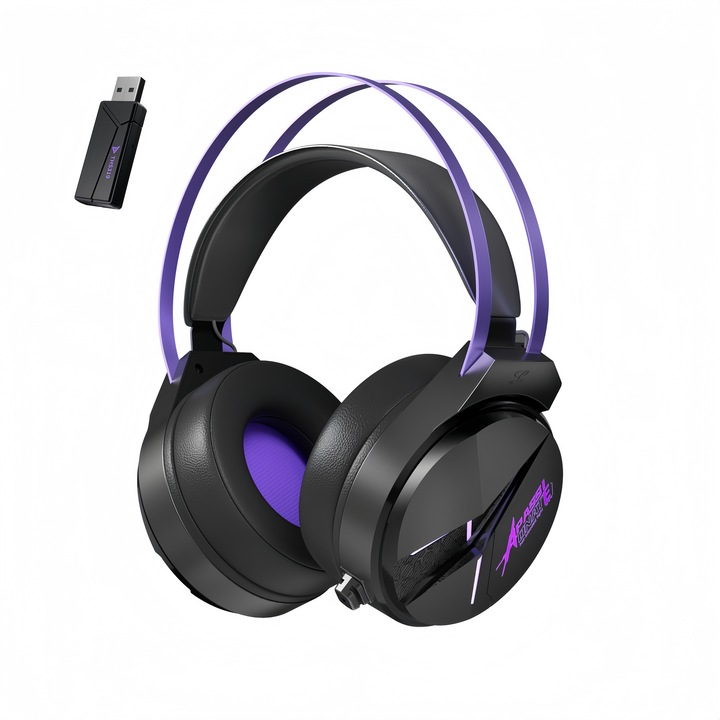 Vezeték nélküli THS319 gamer fejhallgató, Négyféle csatlakozás: 2.4G USB-A/2.4G TYPC-C/Bluetooth5.4/3.5mm, 7.1 térhangzás, zajszűrős mikrofon, 1000mAh akkumulátor, 83 óra üzemidő, 50 mm-es meghajtók, Nulla fülnyomás, fekete/lila