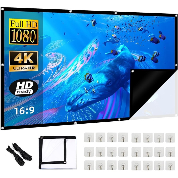 Прожекционен екран 120 инча, 265 x 150 см, Преносим филмов екран 16:9 HD 4K, Сгъваем против гънки, Кино екран, За домашно кино, Партита в двора, Училище, Срещи
