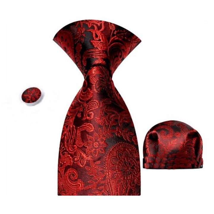 Комплект вратовръзка от коприна + кърпичка + копчета за ръкавели, червен, SCR436