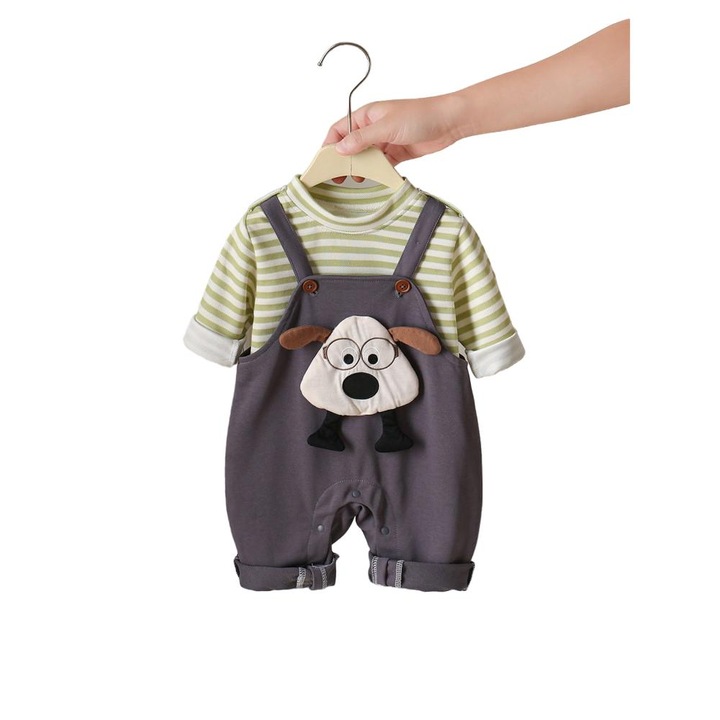 Детски комплект, дълъг ръкав и панталон, памук, сив/зелен, комплект от 2 части