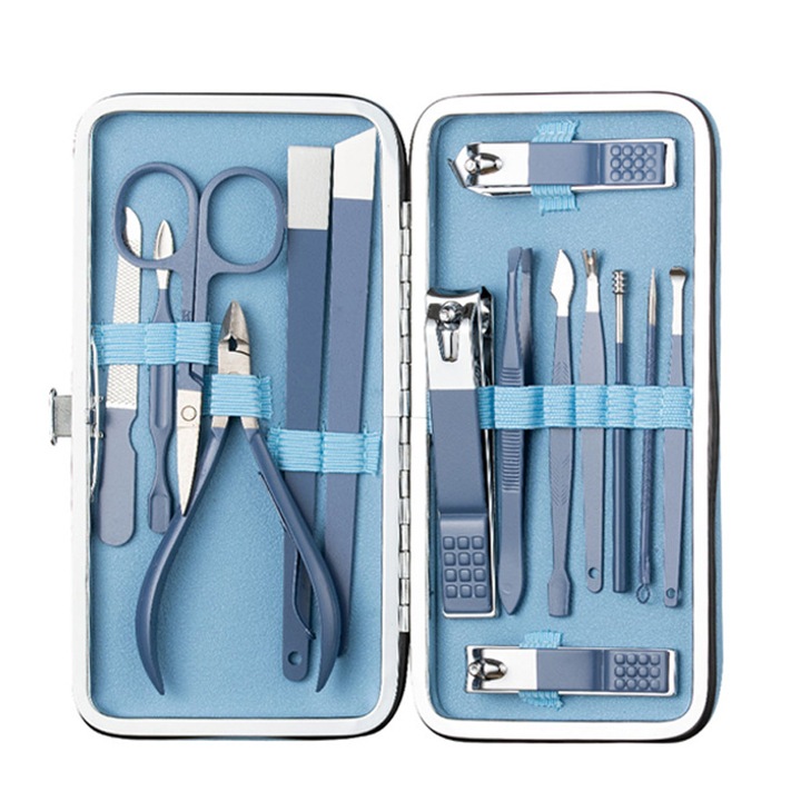 Set trusa manichiura si pedichiura, 15 piese, multifunctional, inox, cutie portabila, albastru