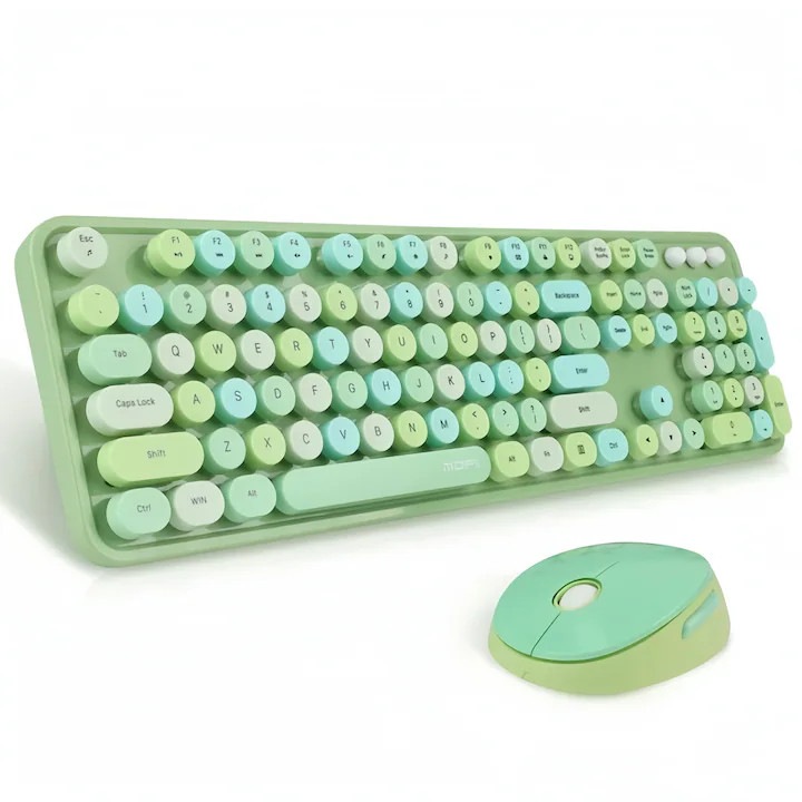 Set tastatura si mouse wireless verde, Bluetooth si 2.4G, design minimalist, compatibilitate universala, interfata USB