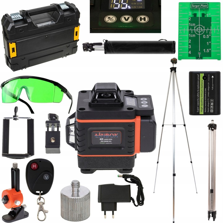 Nivela laser 4D LINBOX 2023, blocare pendul, 16 linii, IP54, set cu stativ 100cm