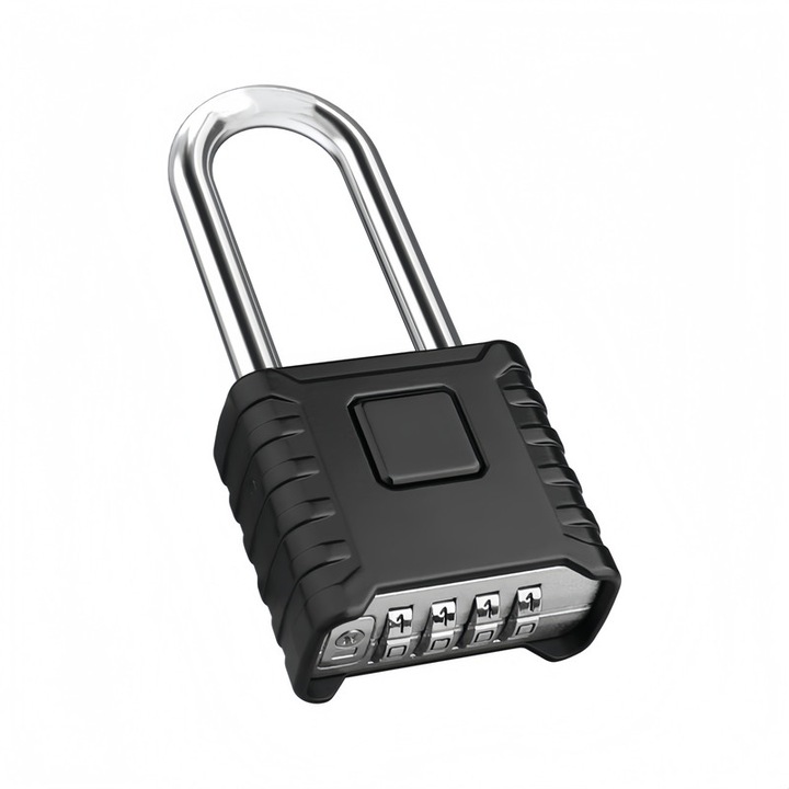 Lacat din metal cu cifru, Pentru dulap, sala de sport, gradina, garduri, 4 cifre repozitionabile, Aliaj de zinc, Argintiu/Negru