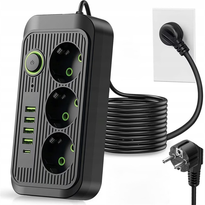 Разклонител 2500W, Vitesthord®, 3 контакта, 4 USB-A порта / 1 USB-C порт, защита за деца, дължина 2 метра, черен