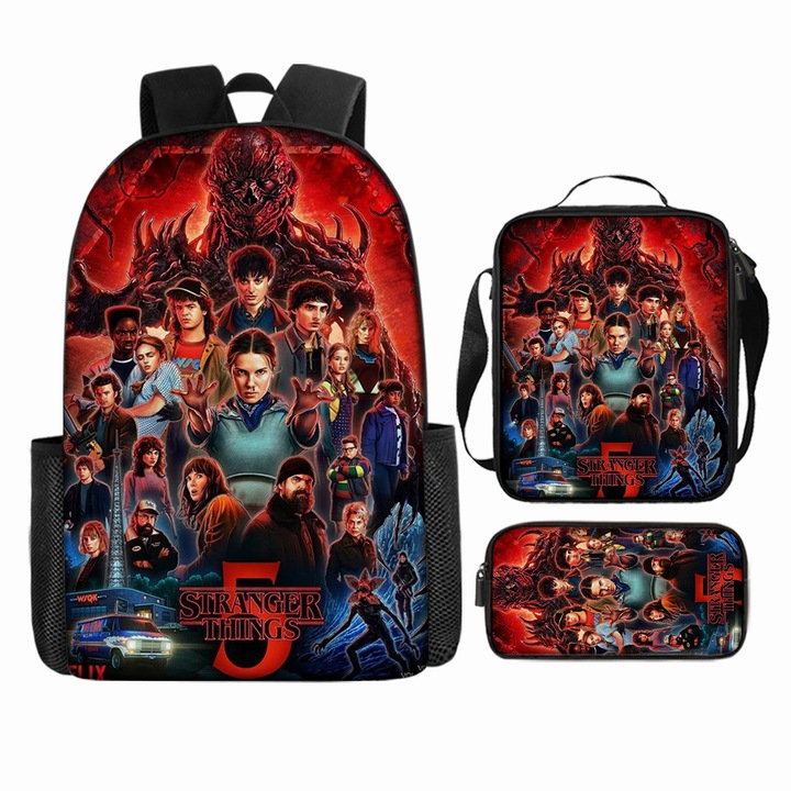 Ghiozdan scolar cu model Stranger Things, set de trei piese, multicolor, Q-28