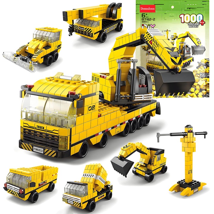 Set constructie 6 in 1, vehicule de inginerie, Domulonx, 1000 piese, 28x8x15cm, galben, pentru copii peste 6 ani