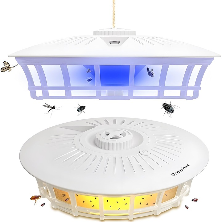 Capcana pentru purici, dubla lumina, Domulonx, cu scop dublu pentru interior si exterior, 5 placi lipicioase, alb, 17x5.6cm