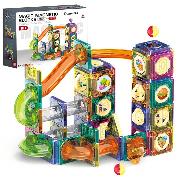 Set de constructie magnetic, Domulonx, 94 piese, piste si bile, Educativ si Creativ, 3 ani+, multicolor