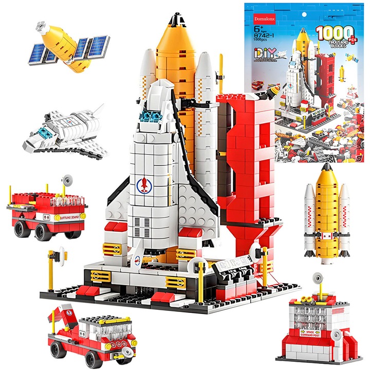 Set de constructie "Space Shuttle", Domulonx, 1000 de piese, 6-in-1,14x15x22cm, Rosu/Alb