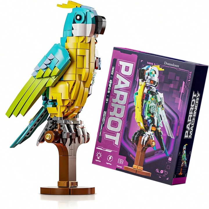 Комплект за механично конструиране Папагал, Domulonx, механичен модел на птица, подвижни стави, 688 части, светлинни ефекти, 27x18x9см, многоцветен