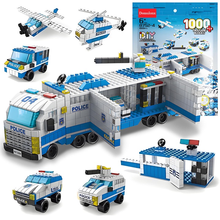 Комплект за изграждане на градска полиция, Domulonx, полицейска кола 6 в 1, 1000 части, синьо/бяло, 28x9x12см