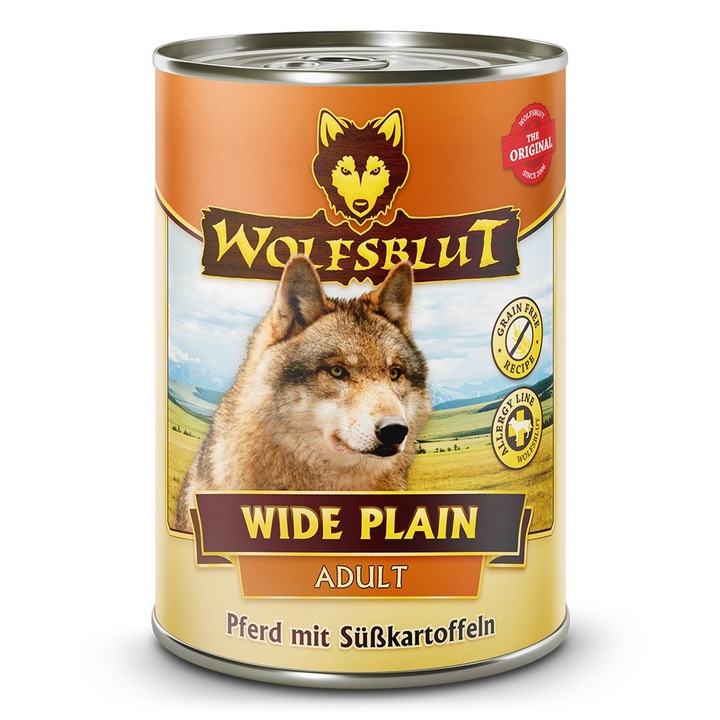 Vásároljon 6 db-os nedves kutyaeledel konzerv szettet Wolfsblut Wide Plain Adult, lóhús, 395g/db, gabonamentes, hipoallergén