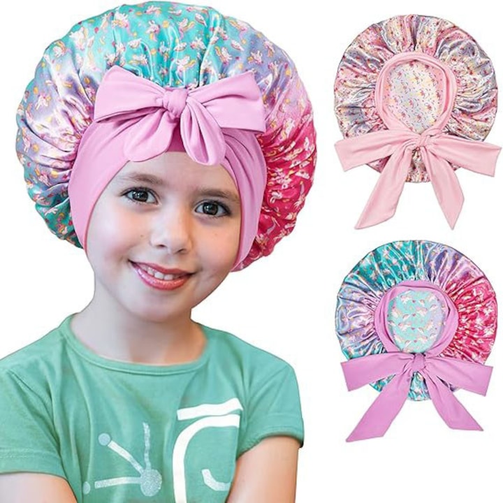 Set 2 Bonete de Dormit din Satin cu Imprimare pentru Fete, Banda Lata Elastica, Nod de Fluture, Compatibil pentru Adulti cu Cap Mic
