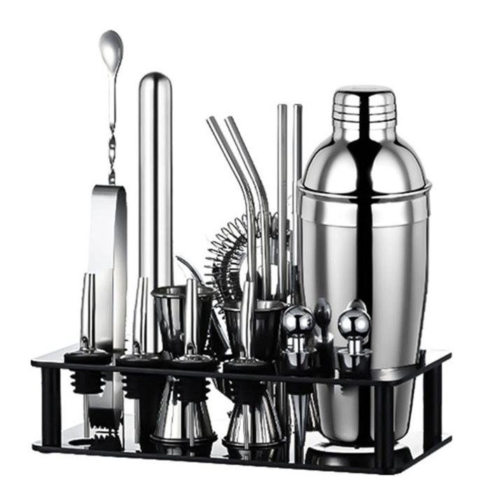 Set de bar din otel inoxidabil cu 19 piese, instrumente profesionale de bar pentru prepararea bauturilor, acasa, bar, petreceri