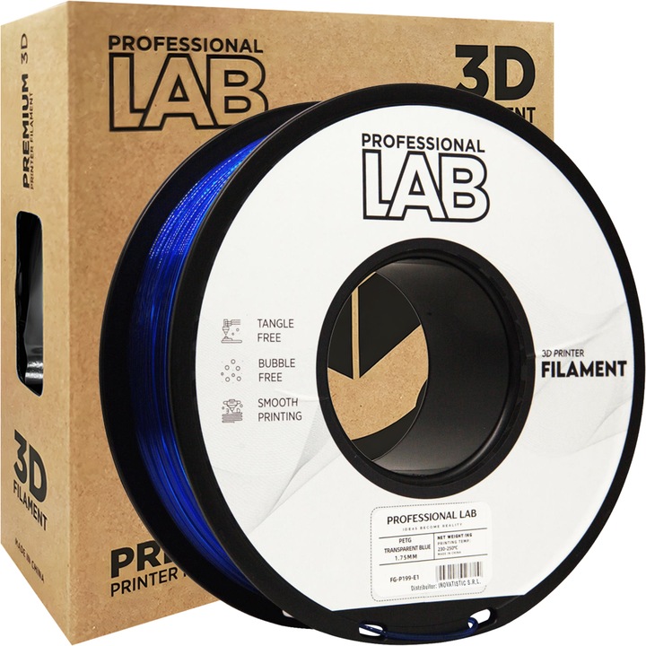 Rola filament, PETG Albastru Transparent, 1kg, Professional Lab PETG TRANSPARENT BLUE, diametru 1.75mm, compatibil cu majoritatea imprimantelor 3D FDM