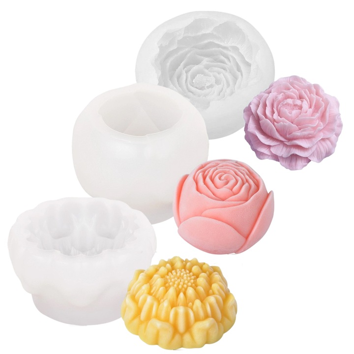 Комплект от 3 силиконови форми за свещи, 8см божур, 6см роза, 8см хибискус