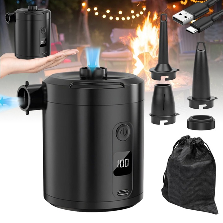 Pompa de aer electrica, Bedee, Portabila, 4 in 1 pentru umflat/dezumflat saltele, 5200mAh, Reincarcabil USB, Multifunctionala, cu 4 duze, Afisaj LCD, pentru pomparea/desumflarea piscinelor, barcilor cu vasle, campingurilor, colacelor de inot, Negru