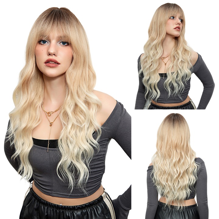 Peruca completa, SM-005, bucle ondulate, alb/maro, dimensiune standard