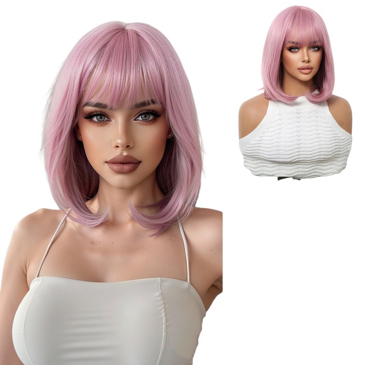 Peruca completa, SWLC8342-1BR10, roz, scurt drept, set