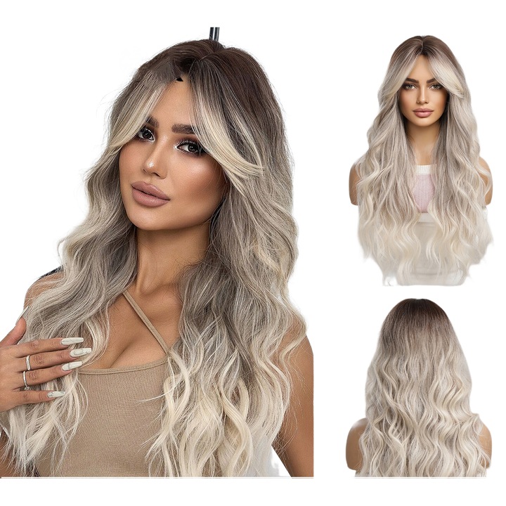 Peruca completa, 25inch, bucle ondulate, negru/aurie