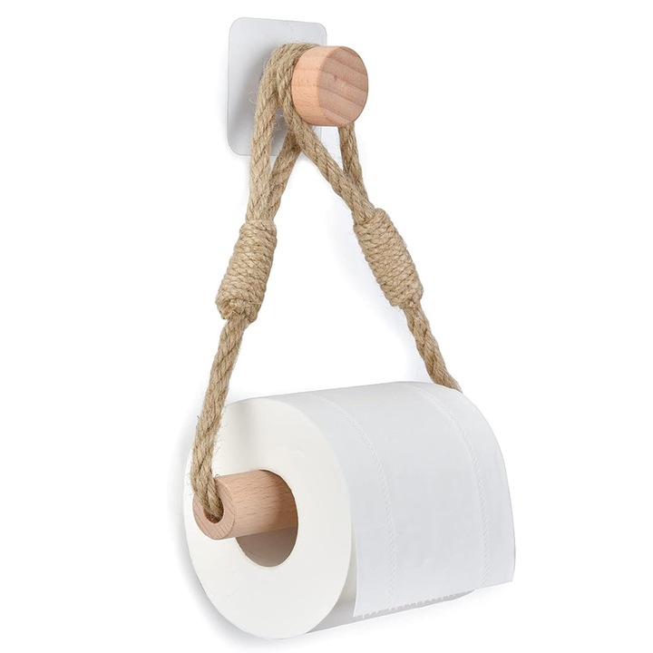 Suport pentru hârtie igienică, BOMSTOM, autoadeziv, lemn de fag și frânghie de cânepă, maro, 16cm