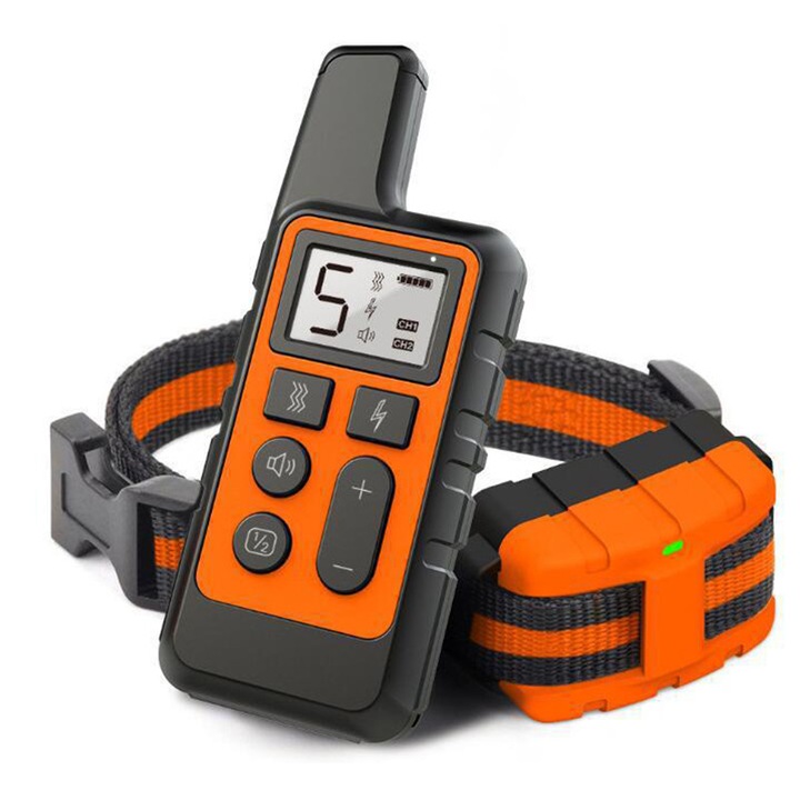 Zgarda electrica de dresaj TodyJeyHo, portocalie, 14x13x4cm, ajustabila, waterproof IP67, 500m raza de actiune, 220g