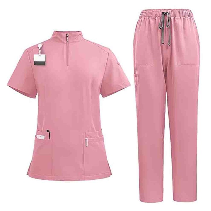 Costum medical Asskanaer, Unisex, Roz, S, 8 buzunare, cu fermoar, set (bluză și pantaloni)