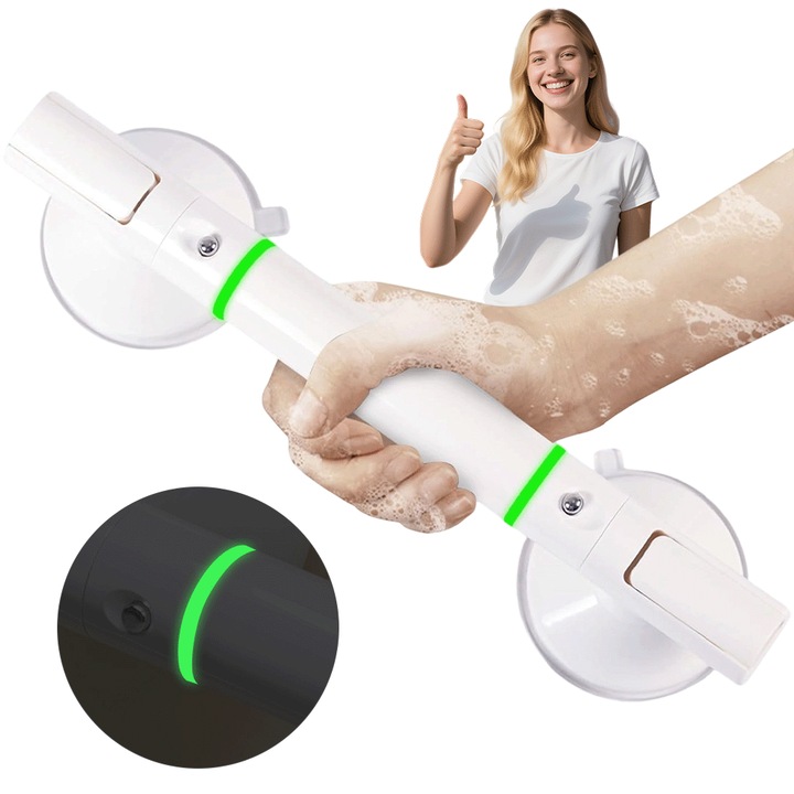 Balustrada cu 2 ventuze, suporturi pentru baie cu maner extins, textura concava-convexa, 2 inele luminoase, ventuze puternice, antiderapante, 35*8cm