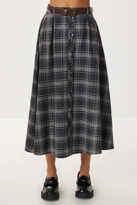 Fusta midi, Happiness Istanbul, talie inalta, inchidere cu nasturi, bleumarin, textil