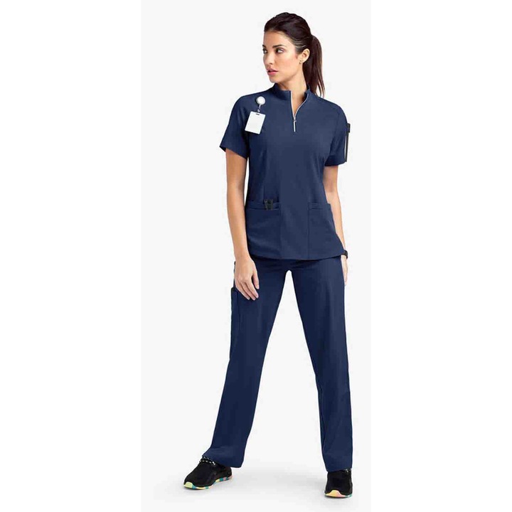 Costum medical, asskanaer, Decolteu in V, Cu fermoar, 8 buzunare, Care elimina umezeala, Rezistenta la riduri, Cu talie elastica, Poliester, M, Bleumarin