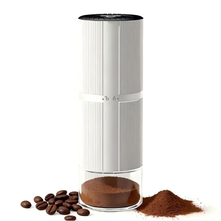 Rasnita de cafea electrica, Granulatie Reglabila,15W,20 g, cutit otel inoxidabil, acumulator 1600mAh, Deschidere si inchidere rotativa, compacta, silentioasa, Perie de curatare inclusa, alb