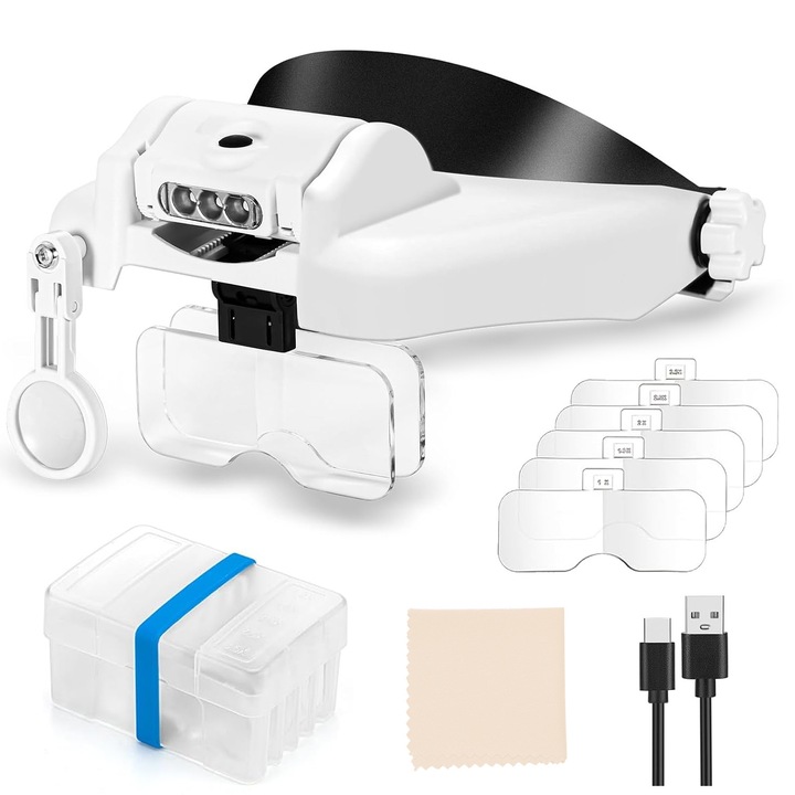 Lupa de Cap, BYONDSELF®, 5 Lentile Interschimbabile 1x - 14x, cu 3 Lumini LED, Banda Reglabila, Lentile Detasabile, pentru Bijuterii, Arta, Mestesuguri si Lucrari Apropiate, Profesionala, Alb
