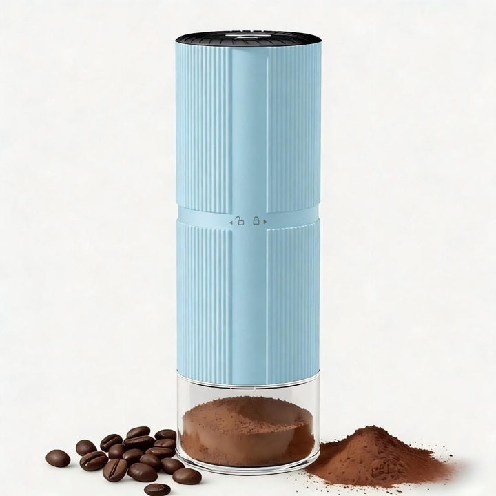 Rasnita de Cafea Electrica,20g, Miez de Macinat Inoxidabil, Reglabila, pentru Espresso, French Press, Pour Over, Deschidere si inchidere rotativa, Perie de curatare inclusa, Albastru