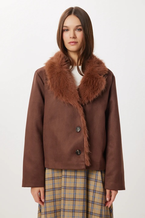 Geaca de piele intoarsa Happiness Istanbul, detalii din blana artificiala, maro