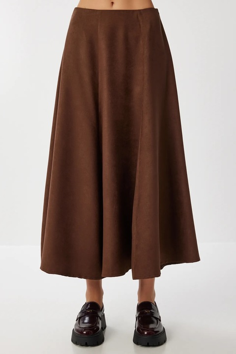 Fusta lunga plisata cu volane Happiness Istanbul, maro, textil, S INTL