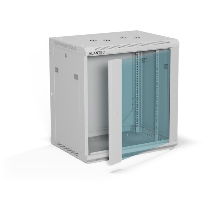 A-LAN 19" 12U 600x450 fém szekrény, üvegajtó, szürke szín, egyszerű szerelés