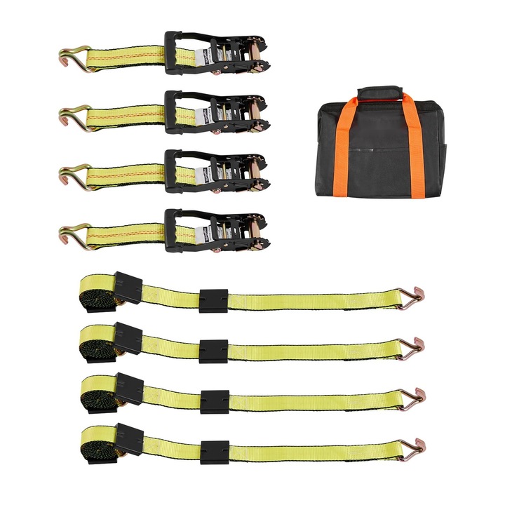 Kit ancorare motociclete, Set chingi pentru remorca, Pene de roata incluse, Carlige in J, Rezistenta la rupere 4540 kg, Sarcina de lucru 1512 kg, Compatibil SUV, remorca, camion
