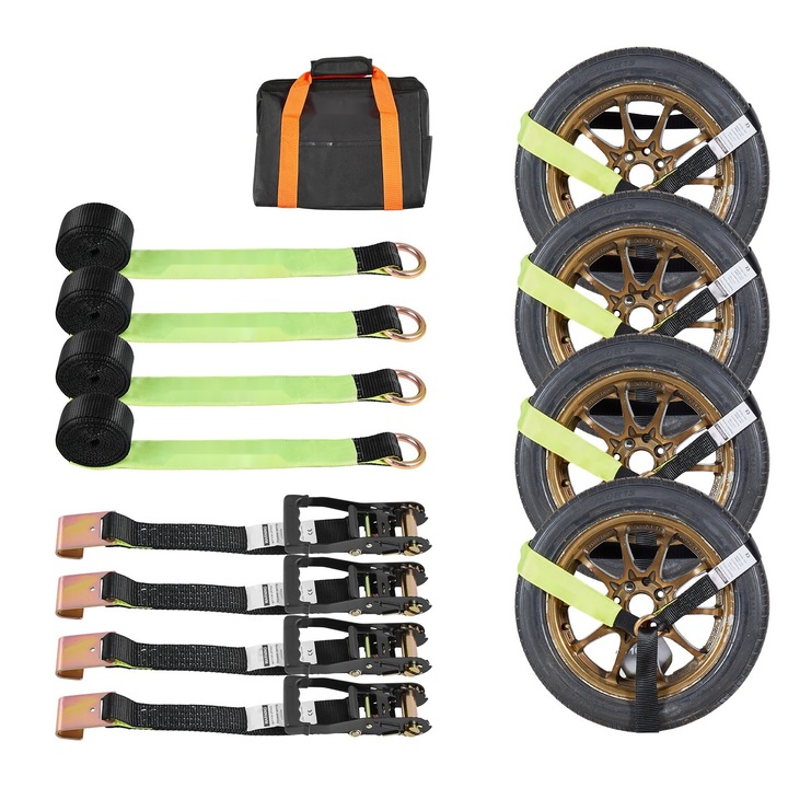 Kit ancorare motociclete pentru remorca, Curea peste roata cu pene, Carlig Plat, Rezistenta la Rupere 4540 kg, Sarcina de Lucru 1512 kg, Pentru Moto/ATV/SUV