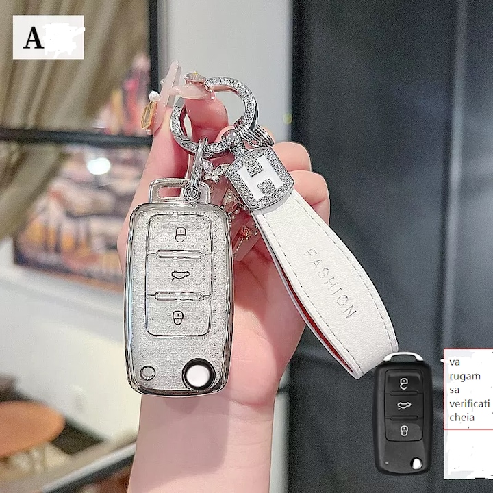 Husa pentru cheie auto compatibila cu Volkswagen Jetta, Bora, Tiguan L, Lavida, Passat, Golf 7, Polo, T-Roc, T-Cross, cu breloc inclus, Breloc cu snur din piele Argintiu cromat, 0188