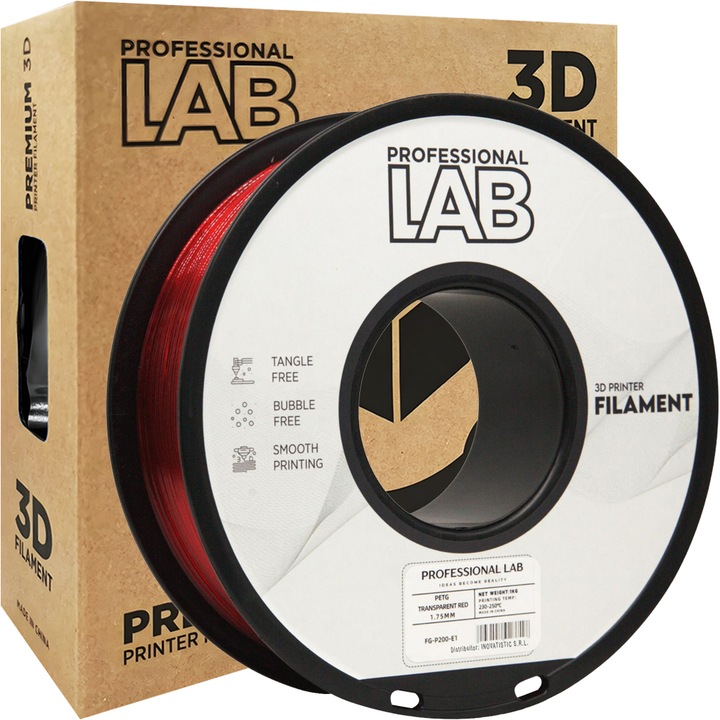Rola filament, PETG Rosu Transparent, 1kg, Professional Lab PETG TRANSPARENT RED, diametru 1.75mm, compatibil cu majoritatea imprimantelor 3D FDM