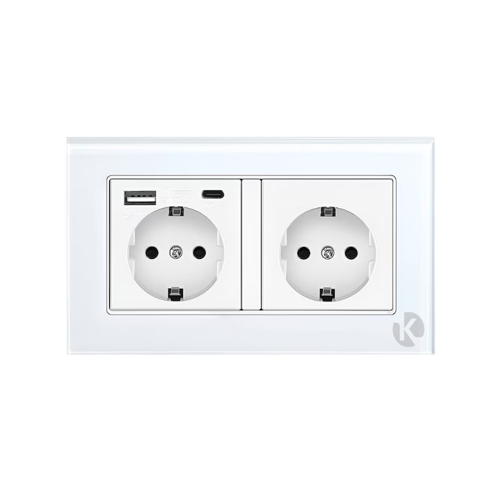 Priză dublă, Konzmann, cu USB și USB-C, 230V, 16A, alb