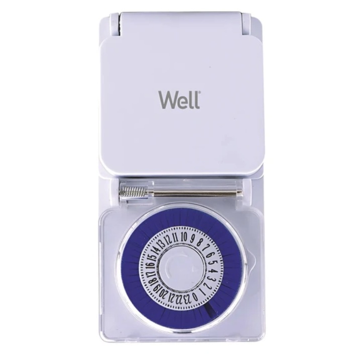 Priză programabilă mecanică, Well, TIMER-MEC-03-WL, exterior/interior, protecție copii, IP44, 3680W, 90x65x125mm