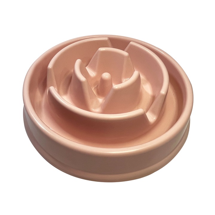 Bol hranire lenta tip floare pentru caini si pisici, 20x20x4 cm, design anti-inghitire rapida, plastic rezistent, culoare roz