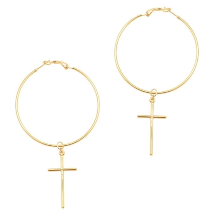 Cercei rotunzi Colibra, pandantiv cruce, auriu, 5cm diametru