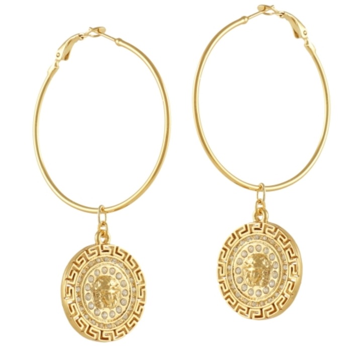 Cercei placati cu aur Colibra, colectia Olimpia, moneda greceasca, cristale Preciosa, 5cm diametru